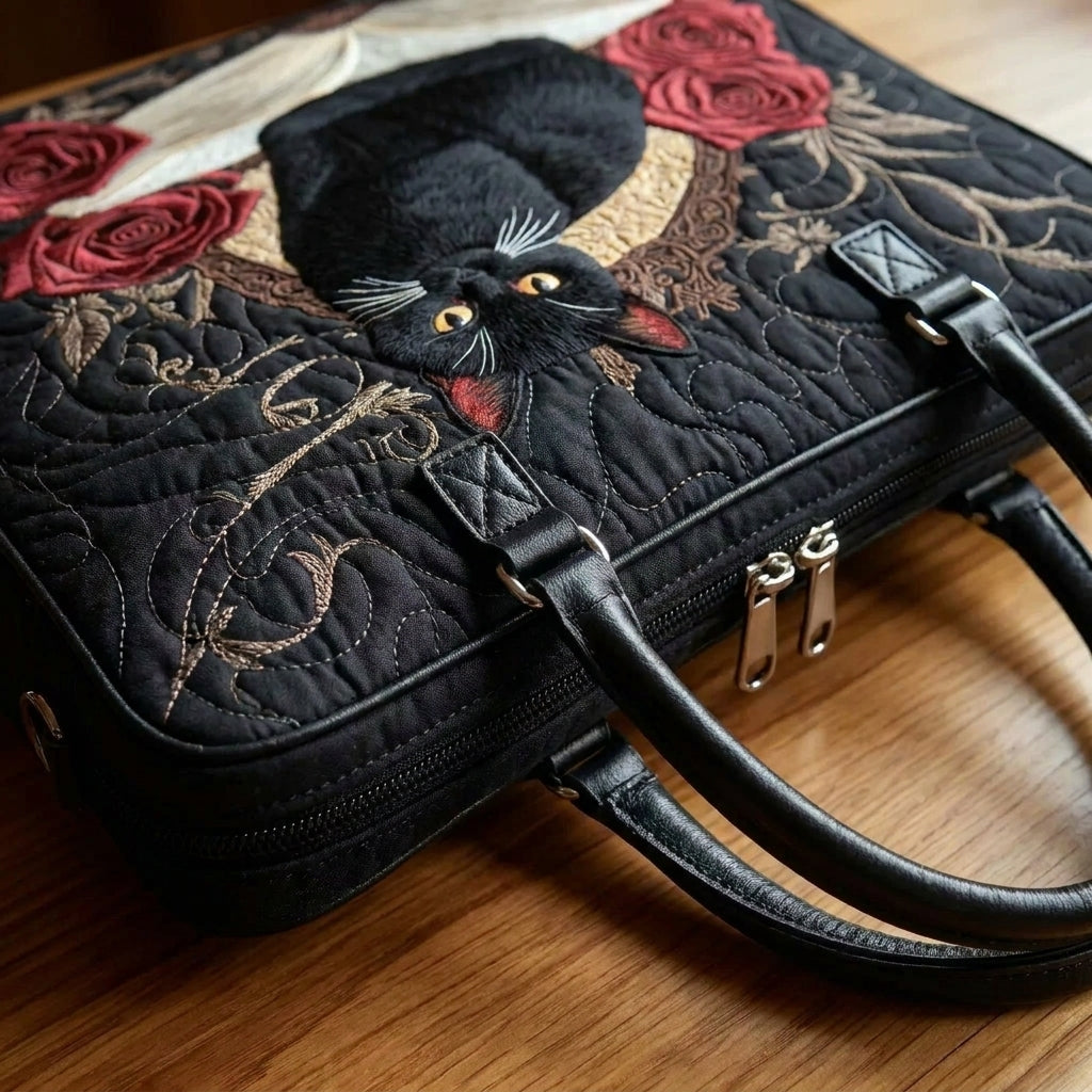 Quilted Artisan Bag - Black Cat on Books