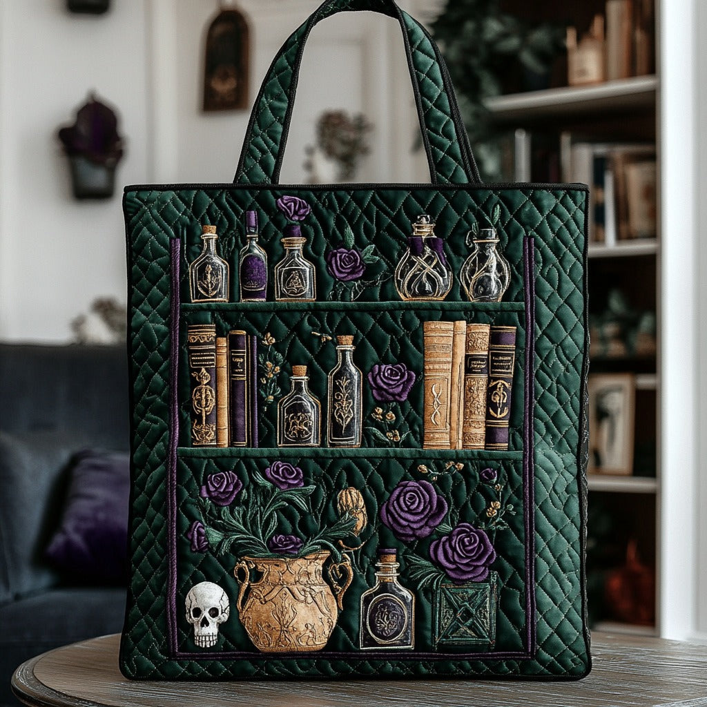 Gothic Botanical Bookshelf Quilted Tote Bag